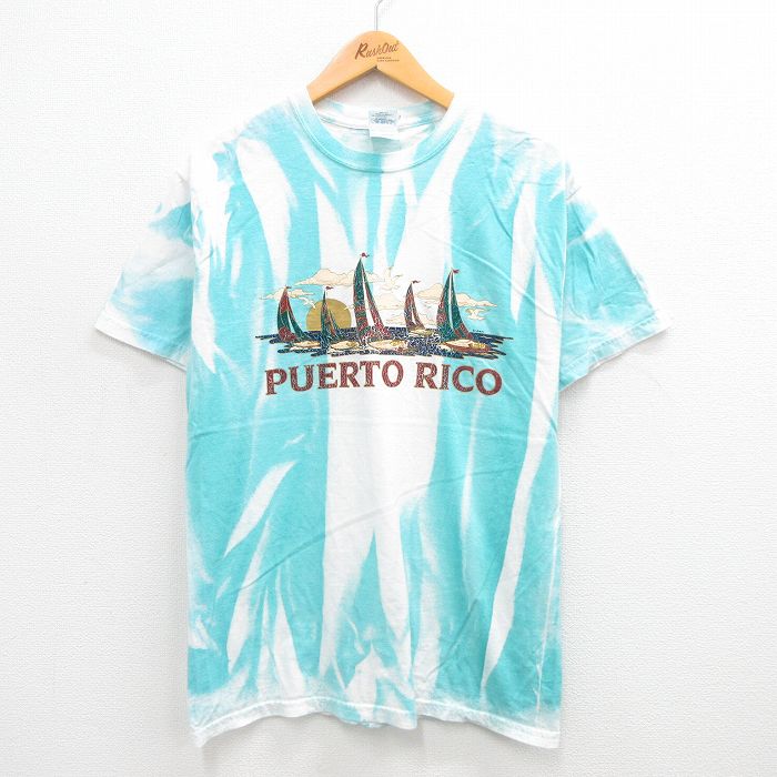 L★古着 半袖 ビンテージ Tシャツ メンズ 00年代 00s プエルトリコ ヨット コットン クルーネック 青緑系 タイダイ 24jul23 中古