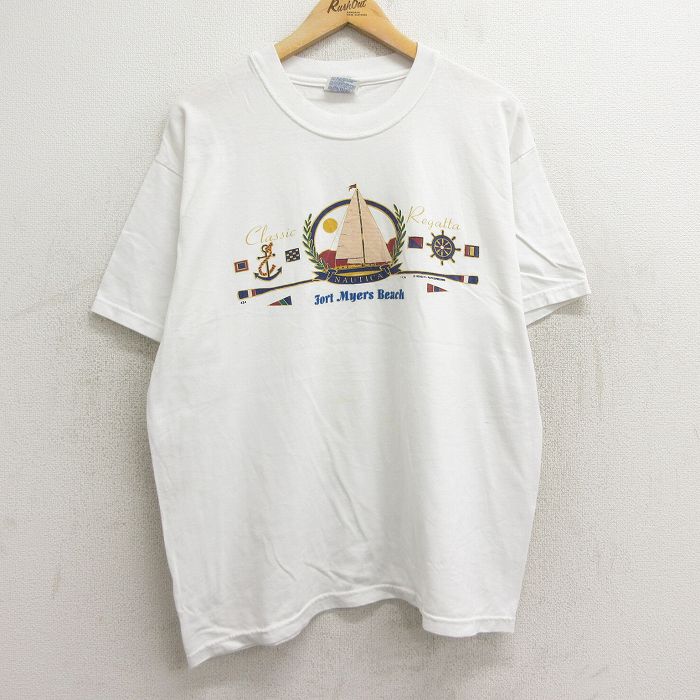 XL★古着 ヘインズ Hanes 半袖 ビンテージ Tシャツ メンズ 90年代 90s ヨット イカリ クルーネック 白 ホワイト 24jul24 中古