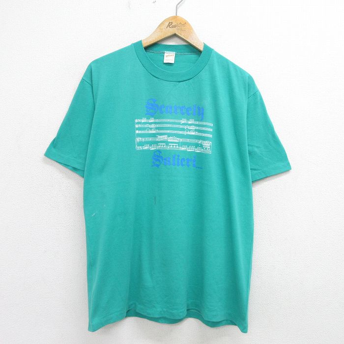 XL★古着 半袖 ビンテージ Tシャツ メンズ 80年代 80s Scarcely 音符 クルーネック USA製 青緑 24jul24 中古