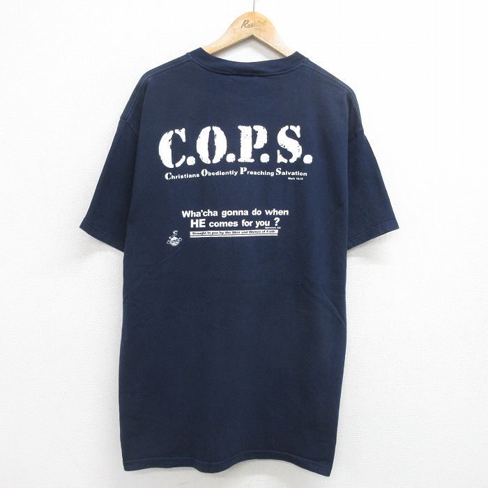 XL★古着 TULTEX 半袖 ビンテージ Tシャツ メンズ 90年代 90s COPS ロング丈 コットン クルーネック 濃紺 ネイビー 24jul24 中古