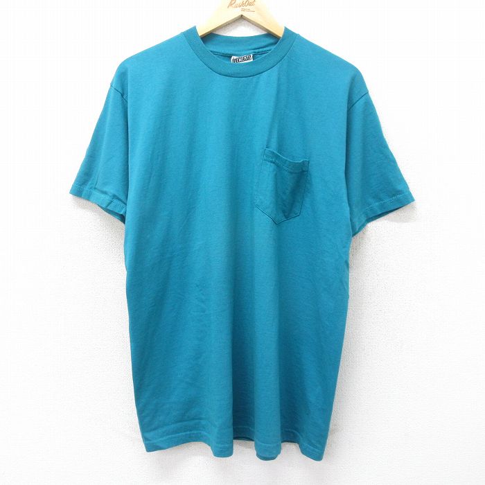 XL★古着 キー KEY ELEMENTS 半袖 ビンテージ Tシャツ メンズ 90年代 90s 無地 胸ポケット付き コットン クルーネック USA製 青緑 24jul25 中古