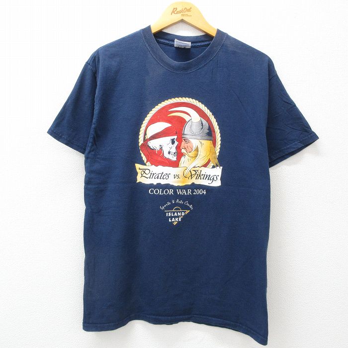 M★古着 ヘインズ Hanes 半袖 ビンテージ Tシャツ メンズ 00年代 00s スカル バイキング コットン クルーネック 紺 ネイビー 24jul25 中古