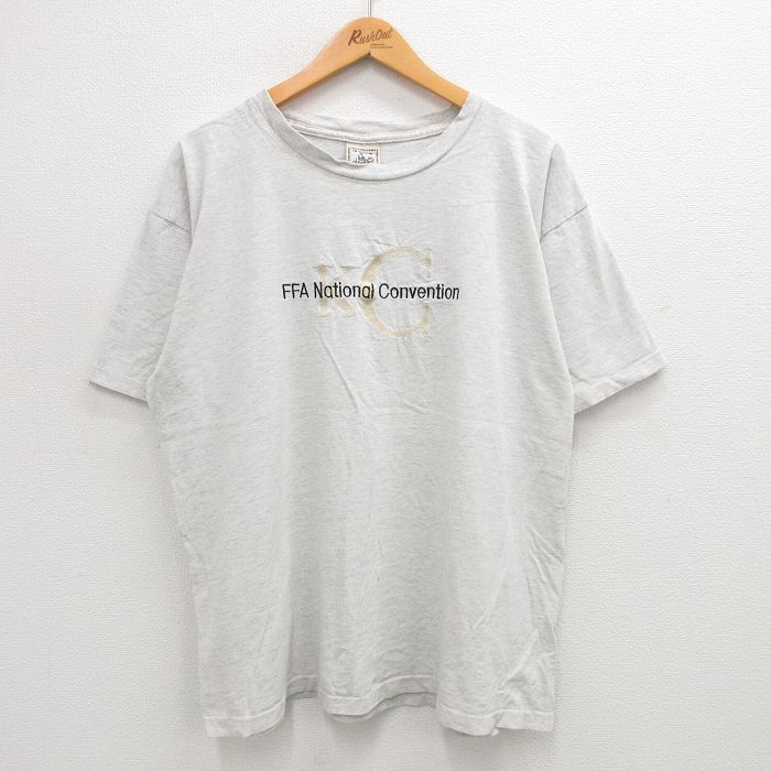 XL★古着 半袖 ビンテージ Tシャツ メンズ 90年代 90s FFA 刺繍 コットン クルーネック USA製 薄グレー 霜降り 24jul26 中古