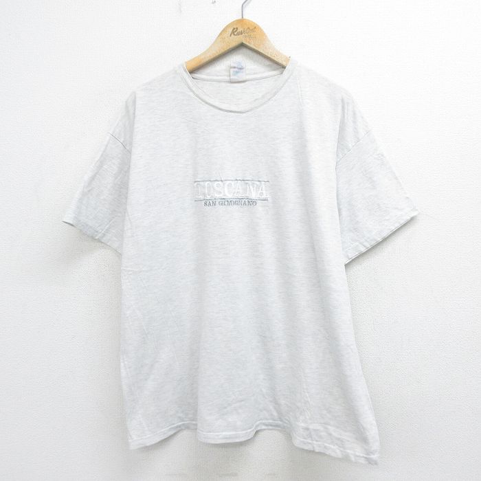 XL★古着 半袖 ビンテージ Tシャツ メンズ 90年代 90s TOSCANA 刺繍 大きいサイズ コットン クルーネック イタリア製 薄グレー 霜降り 24jul27 中古