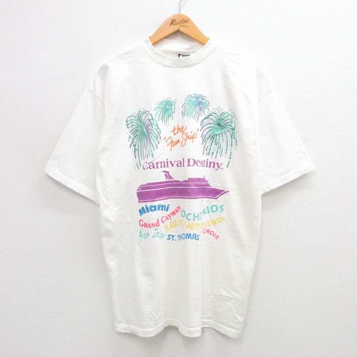 L★古着 半袖 ビンテージ Tシャツ メンズ 90年代 90s 船 花火 マイアミ コットン クルーネック USA製 白 ホワイト 24jul27 中古