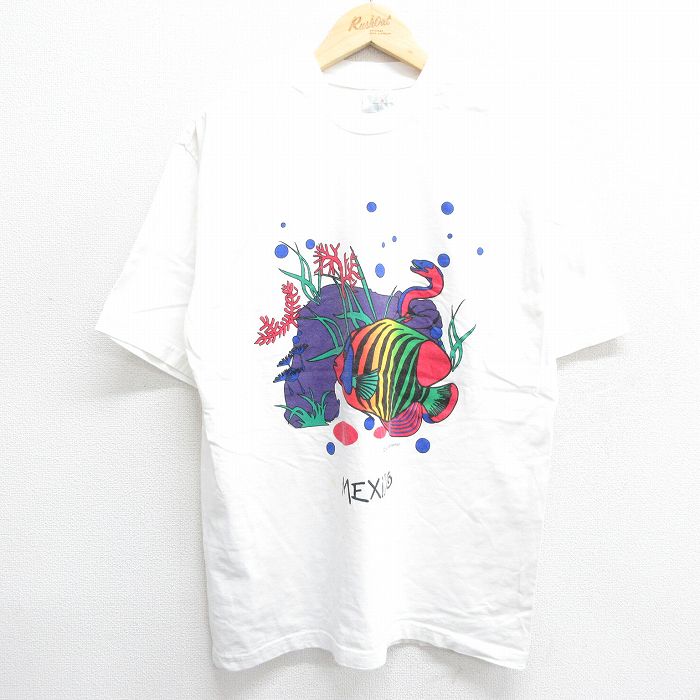 【50%OFF】L★古着 半袖 ビンテージ Tシャツ メンズ 00年代 00s メキシコ 魚 コットン クルーネック 白 ホワイト 24jul27 中古