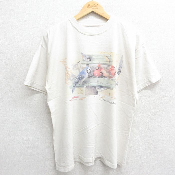 XL★古着 半袖 ビンテージ Tシャツ メンズ 90年代 90s 鳥 クルーネック 白 ホワイト 24jul27 中古