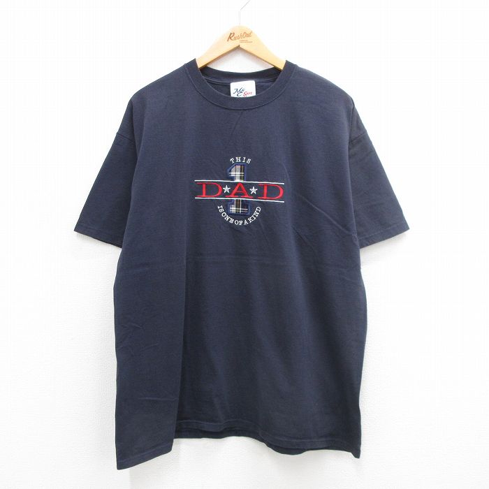 XL★古着 半袖 ビンテージ Tシャツ メンズ 00年代 00s DAD 刺繍 大きいサイズ コットン クルーネック 紺 ネイビー 24jul27 中古