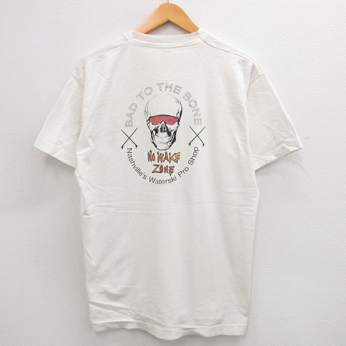 L★古着 半袖 ビンテージ Tシャツ メンズ 90年代 90s スカル NO WAKE ZONE クルーネック 白 ホワイト 【spe】 24jul29 中古