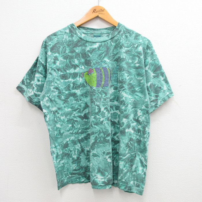 XL★古着 半袖 ビンテージ Tシャツ メンズ 90年代 90s 魚 コットン クルーネック 緑 グリーン タイダイ 24jul30 中古