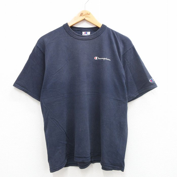 【50%OFF】XL★古着 チャンピオン champion 半袖 ビンテージ Tシャツ メンズ 90年代 90s ワンポイントロゴ コットン クルーネック 紺 ネイビー 【spe】 24jul30 中古