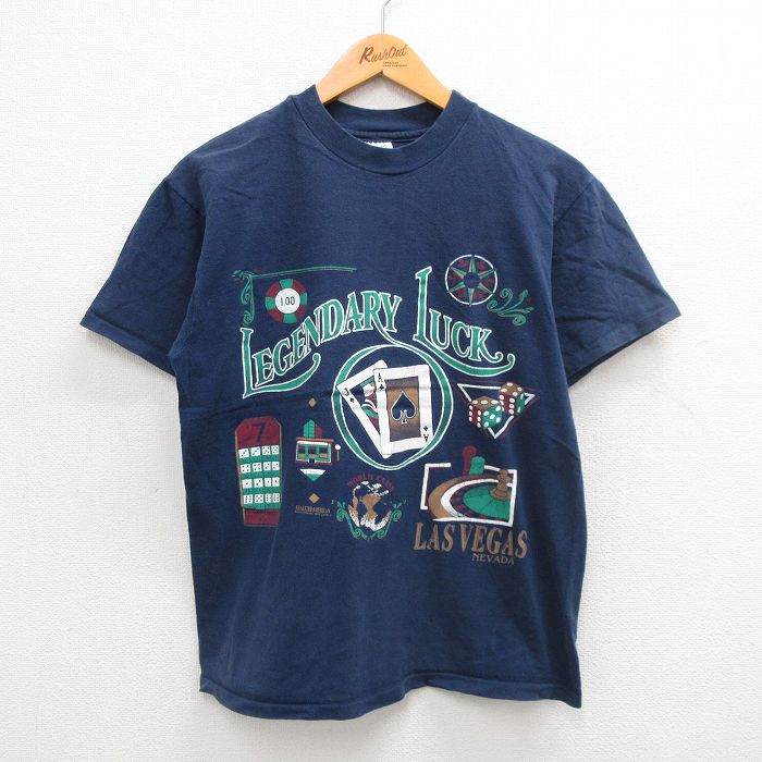 M★古着 ヘインズ Hanes 半袖 ビンテージ Tシャツ メンズ 90年代 90s トランプ カジノ ラスベガス コットン クルーネック USA製 紺 ネイビー 24jul30 中古
