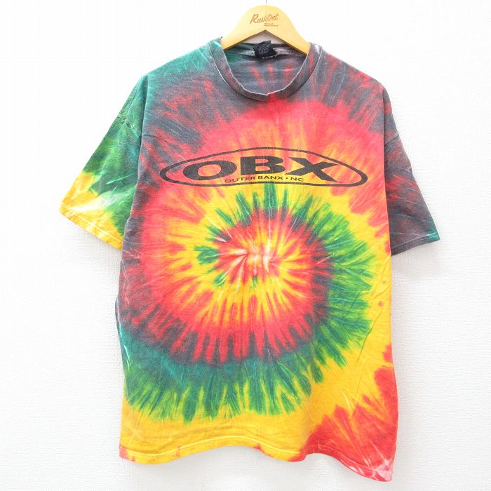 XL★古着 半袖 ビンテージ Tシャツ メンズ 00年代 00s OBX 大きいサイズ コットン クルーネック 黄他 イエロー タイダイ 24jul30 中古