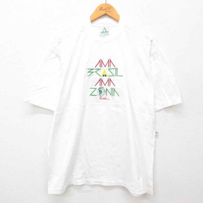 XL★古着 半袖 ビンテージ Tシャツ メンズ 00年代 00s ブラジル 刺繍 コットン クルーネック 白 ホワイト 24aug02 中古