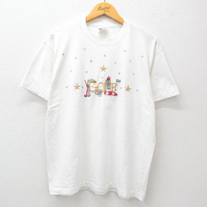 L★古着 ヘインズ Hanes 半袖 ビンテージ Tシャツ メンズ 90年代 90s ゴルフ 刺繍 クルーネック USA製 白 ホワイト 24aug05 中古