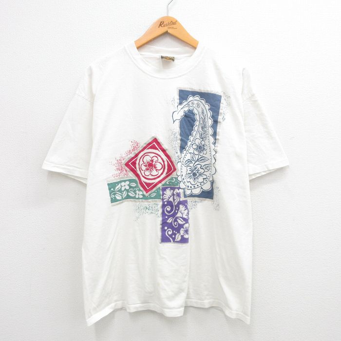 XL★古着 半袖 ビンテージ Tシャツ メンズ 90年代 90s 花 コットン クルーネック 白 ホワイト 24aug05 中古