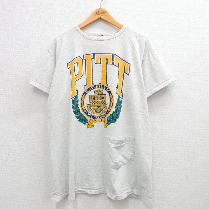 XL★古着 半袖 ビンテージ Tシャツ メンズ 90年代 90s ピッツバーグ カレッジ 裾ポケット付き 大きいサイズ クルーネック 薄グレー 霜降り 24aug07 中古