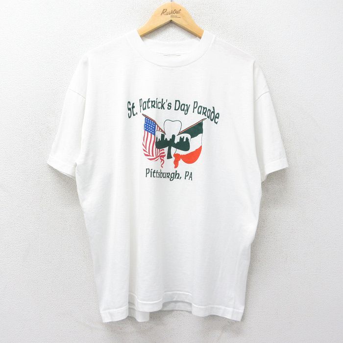 XL★古着 フルーツオブザルーム 半袖 ビンテージ Tシャツ メンズ 90年代 90s セントパトリックスデイ クルーネック 白 ホワイト 24aug07 中古