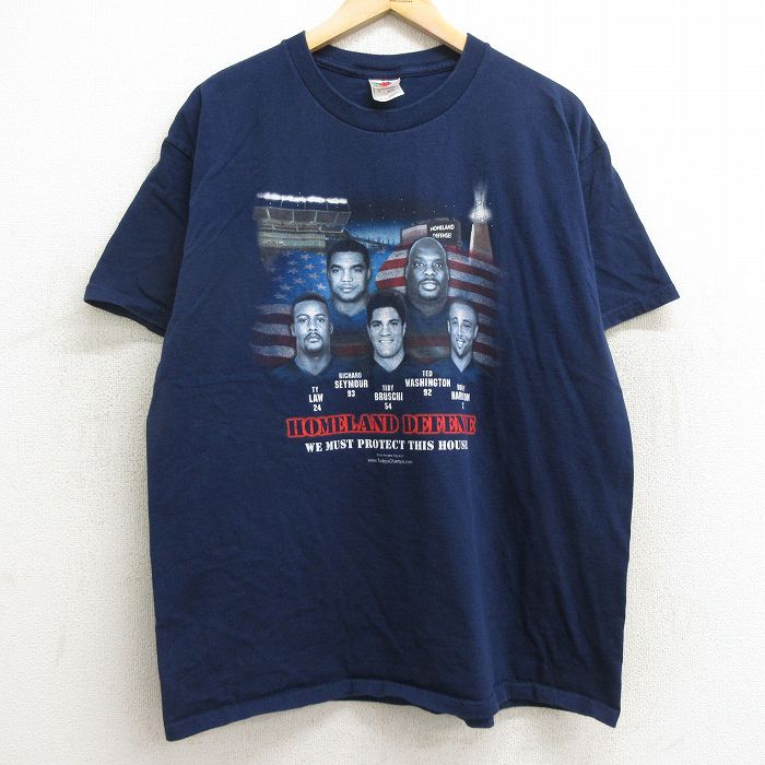 XL★古着 フルーツオブザルーム 半袖 ビンテージ Tシャツ メンズ 00年代 00s NFL ニューイングランドペイトリオッツ タイロー テディブルースキー 大きいサイズ コットン クルーネック 紺 ネイビー アメフト スーパーボウル 24aug08 中古
