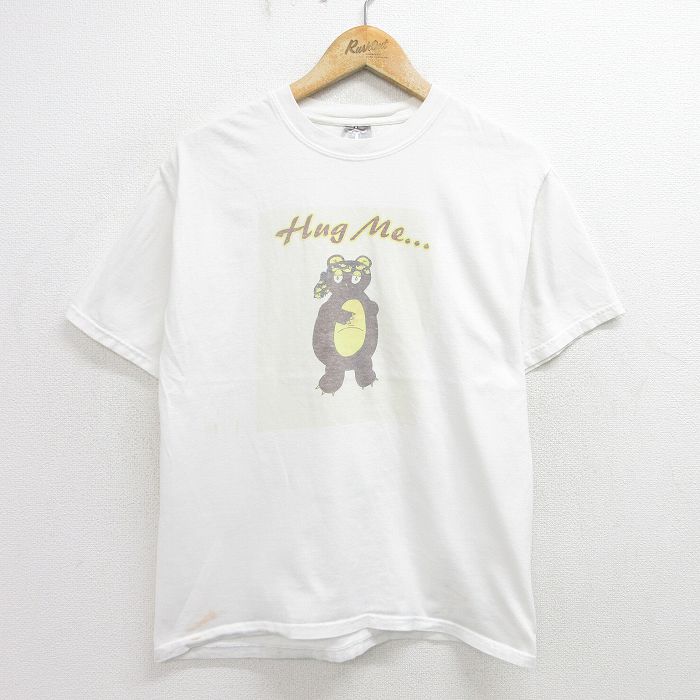 M★古着 ヘインズ Hanes 半袖 ビンテージ Tシャツ メンズ 00年代 00s クマ チェンソー クルーネック 白 ホワイト 24aug09 中古