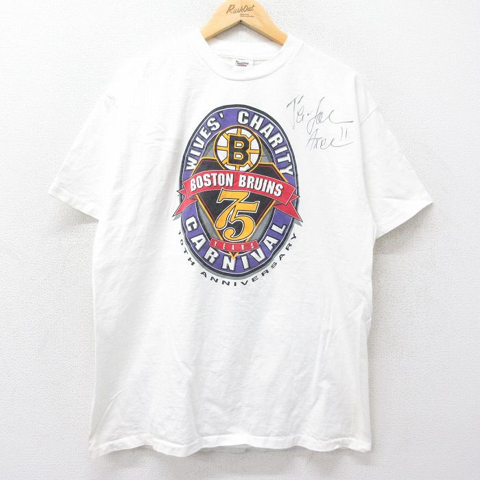 XL★古着 オニータ ONEITA 半袖 ビンテージ Tシャツ メンズ 90年代 90s NHL ボストンブルーインズ サイン入り コットン クルーネック 白 ホワイト アイスホッケー 24aug21 中古