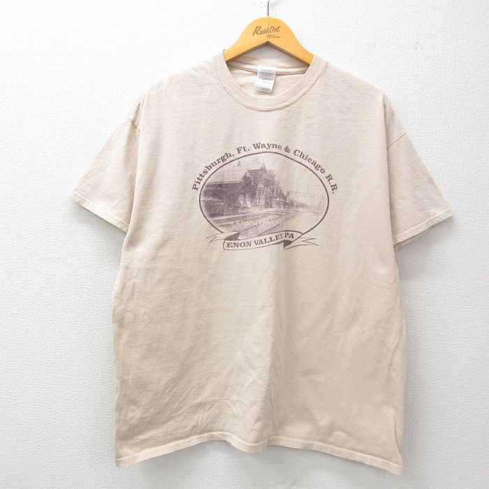 L★古着 半袖 ビンテージ Tシャツ メンズ 00年代 00s ピッツバーグ 建物 コットン クルーネック 薄ベージュ カーキ 25mar29 中古