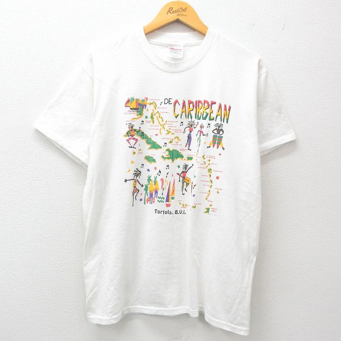 M★古着 ヘインズ Hanes 半袖 ビンテージ Tシャツ メンズ 00年代 00s CARIBBEAN 地図 コットン クルーネック 白 ホワイト 25mar29 中古