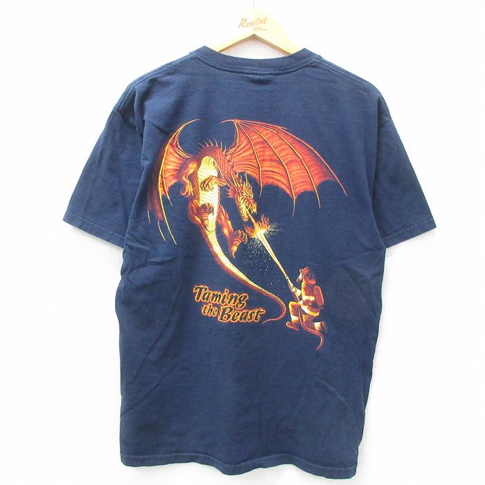 【50%OFF】L★古着 半袖 ビンテージ Tシャツ メンズ 00年代 00s ドラゴン コットン クルーネック 紺 ネイビー 25mar29 中古