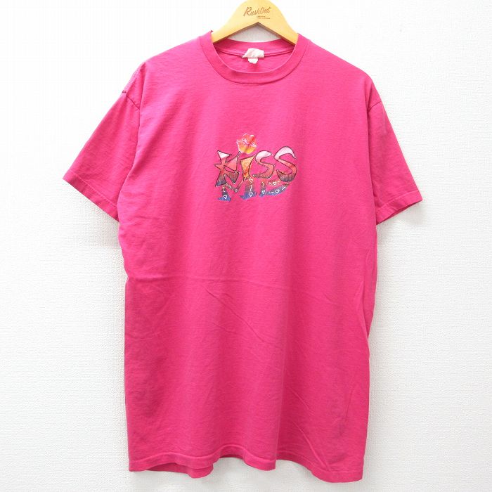 XL★古着 半袖 ビンテージ Tシャツ メンズ 90年代 90s KISS コットン クルーネック ピンク 25mar29 中古