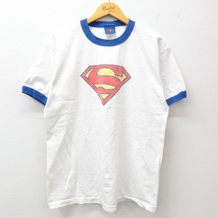 L★古着 半袖 ビンテージ Tシャツ メンズ 00年代 00s DCコミックス スーパーマン コットン クルーネック 白 ホワイト リンガー 【spe】 25mar29 中古