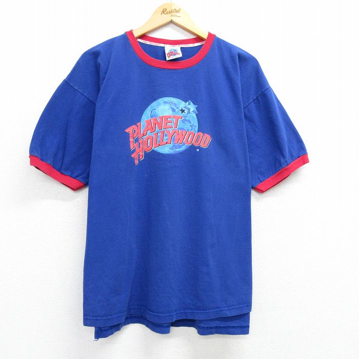 XL★古着 半袖 ビンテージ Tシャツ メンズ 90年代 90s プラネットハリウッド 大きいサイズ コットン クルーネック USA製 青 ブルー リンガー 【spe】 25mar29 中古