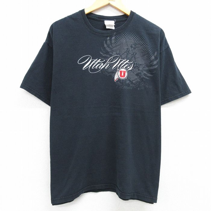 XL★古着 半袖 ビンテージ Tシャツ メンズ 00年代 00s ユタ大学 大きいサイズ コットン クルーネック 黒 ブラック 25mar29 中古