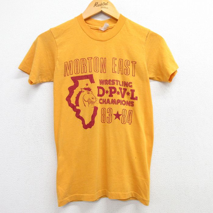 XS★古着 半袖 ビンテージ Tシャツ メンズ 80年代 80s 馬 クルーネック USA製 黄 イエロー 25mar29 中古