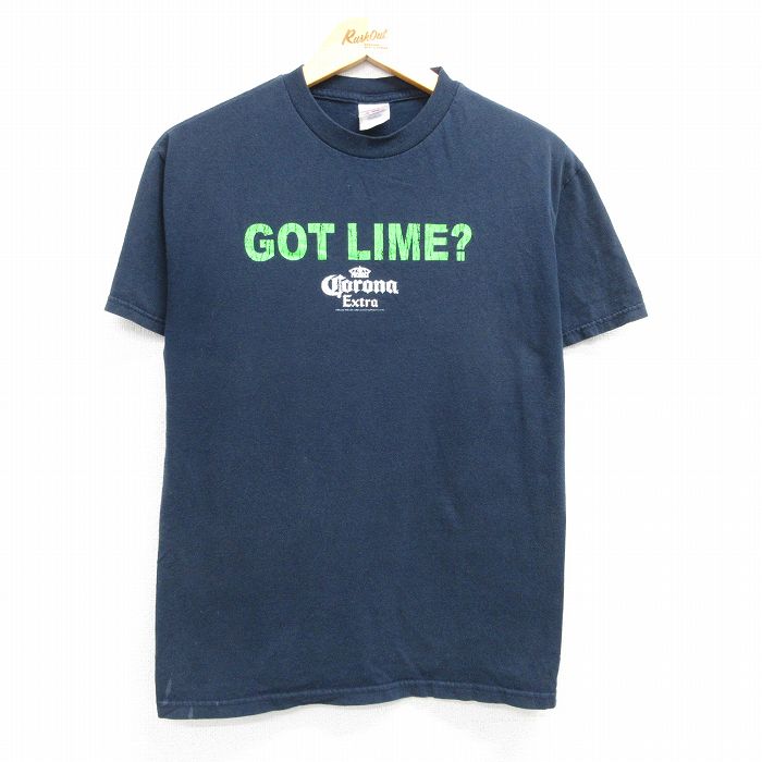 M★古着 半袖 ビンテージ Tシャツ メンズ 00年代 00s コロナビール コットン クルーネック 紺 ネイビー 25mar29 中古