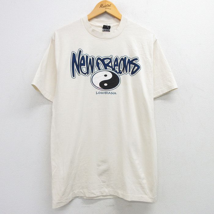 L★古着 半袖 ビンテージ Tシャツ メンズ 90年代 90s ニューオーリンズ 陰陽 コットン クルーネック 生成り 25mar29 中古