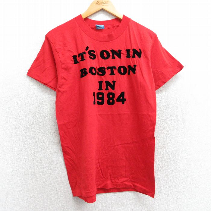 M★古着 スクリーンスターズ 半袖 ビンテージ Tシャツ メンズ 80年代 80s ボストン フロッキープリント クルーネック USA製 赤 レッド 25mar29 中古