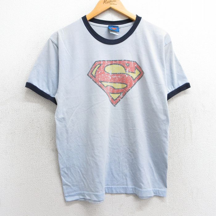 【20%OFF】M★古着 半袖 ビンテージ Tシャツ メンズ 00年代 00s DCコミックス スーパーマン クルーネック 薄紺 ネイビー リンガー 25mar29 中古
