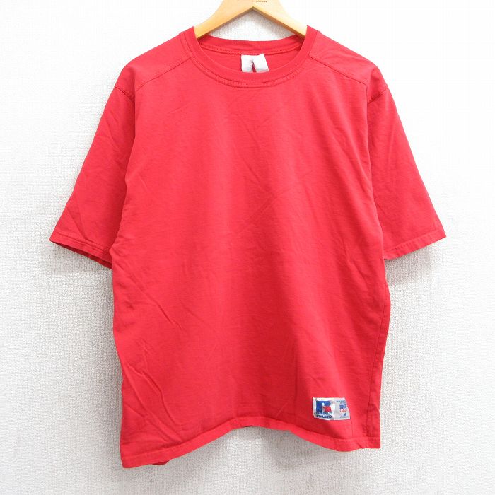 L★古着 ラッセル 半袖 ビンテージ Tシャツ メンズ 90年代 90s 無地 コットン クルーネック USA製 赤 レッド 25mar29 中古