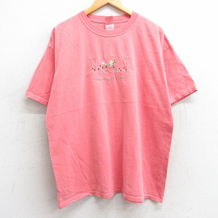 XL★古着 半袖 ビンテージ Tシャツ メンズ 00年代 00s RUN 馬 刺繍 大きいサイズ コットン クルーネック ピンク系 25mar29 中古