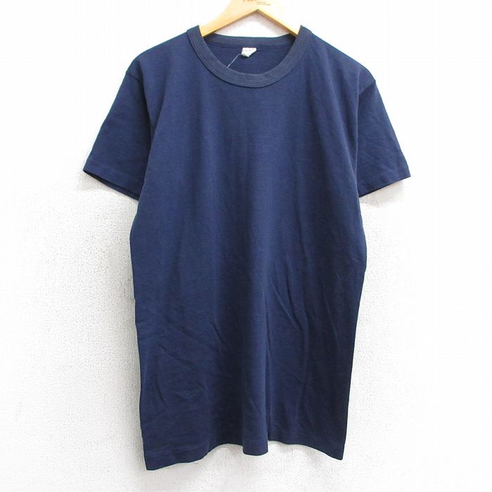 M★古着 半袖 ビンテージ Tシャツ メンズ 80年代 80s 無地 クルーネック 紺 ネイビー 25mar29 中古