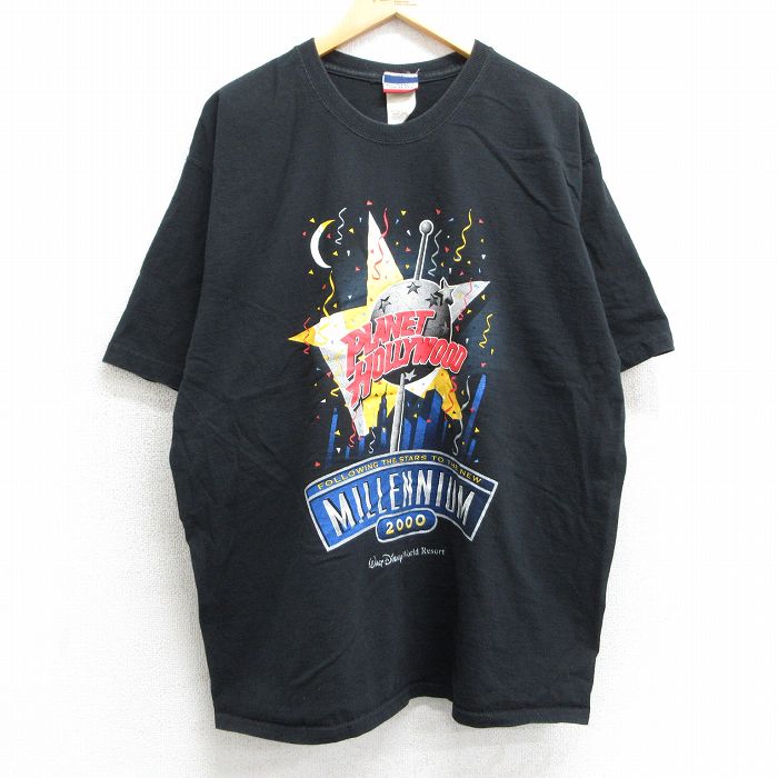 XL★古着 半袖 ビンテージ Tシャツ メンズ 00年代 00s プラネットハリウッド ディズニー DISNEY ミレニアム 大きいサイズ コットン クルーネック 黒 ブラック 25mar29 中古