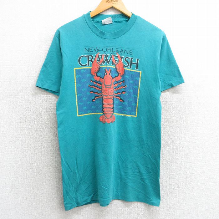M★古着 ヘインズ Hanes 半袖 ビンテージ Tシャツ メンズ 80年代 80s ロブスター クルーネック USA製 青緑 25mar29 中古