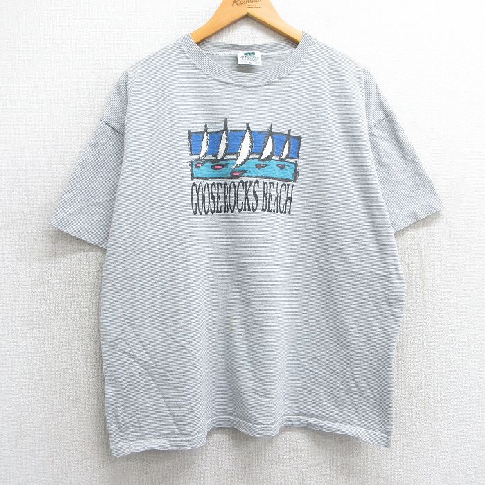 XL★古着 半袖 ビンテージ Tシャツ メンズ 90年代 90s ヨット グースロックスビーチ クルーネック USA製 グレー 霜降り ボーダー 25mar29 中古
