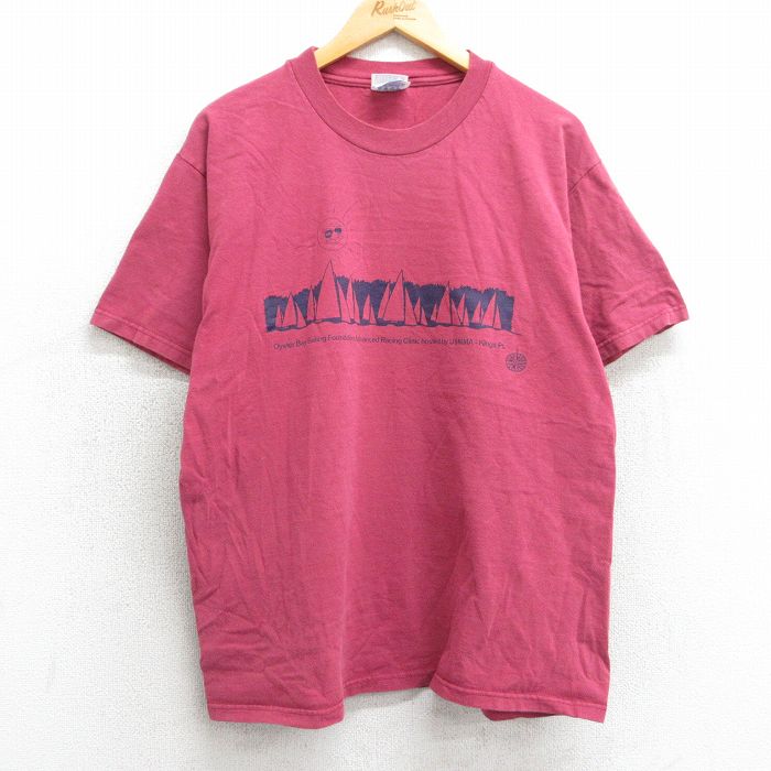 L★古着 ヘインズ Hanes 半袖 ビンテージ Tシャツ メンズ 00年代 00s 太陽 ヨット コットン クルーネック 濃ピンク系 25mar29 中古