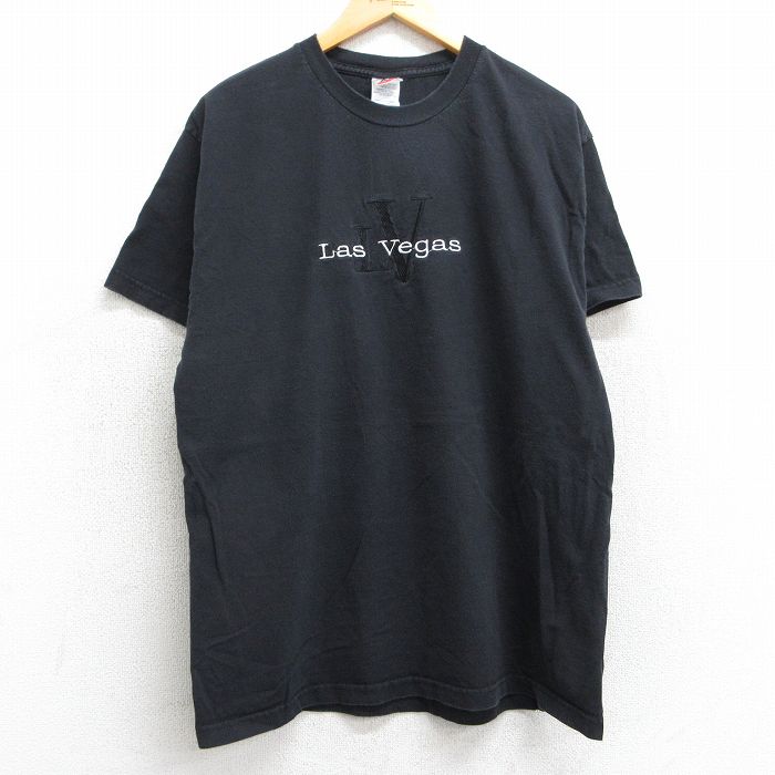 L★古着 半袖 ビンテージ Tシャツ メンズ 00年代 00s ラスベガス 刺繍 コットン クルーネック 黒 ブラック 25mar31 中古