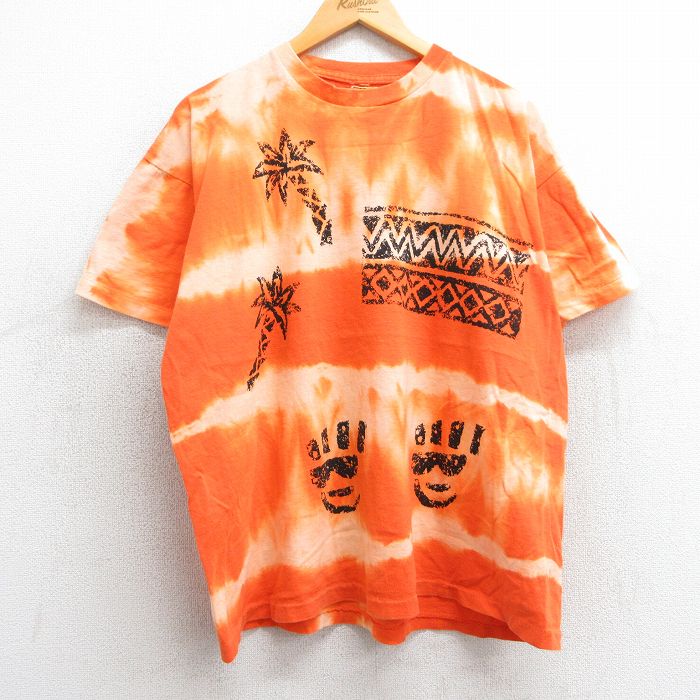 XL★古着 半袖 ビンテージ Tシャツ メンズ 90年代 90s ヤシの木 コットン クルーネック USA製 オレンジ タイダイ 25mar31 中古