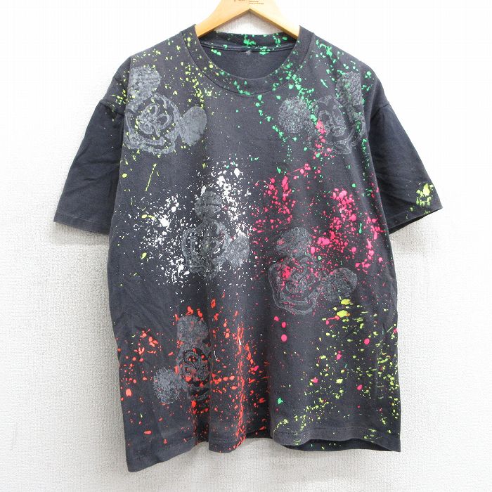XL★古着 半袖 ビンテージ Tシャツ メンズ 90年代 90s ディズニー DISNEY ミッキー MICKEY MOUSE クルーネック 黒 ブラック 【spe】 25mar31 中古