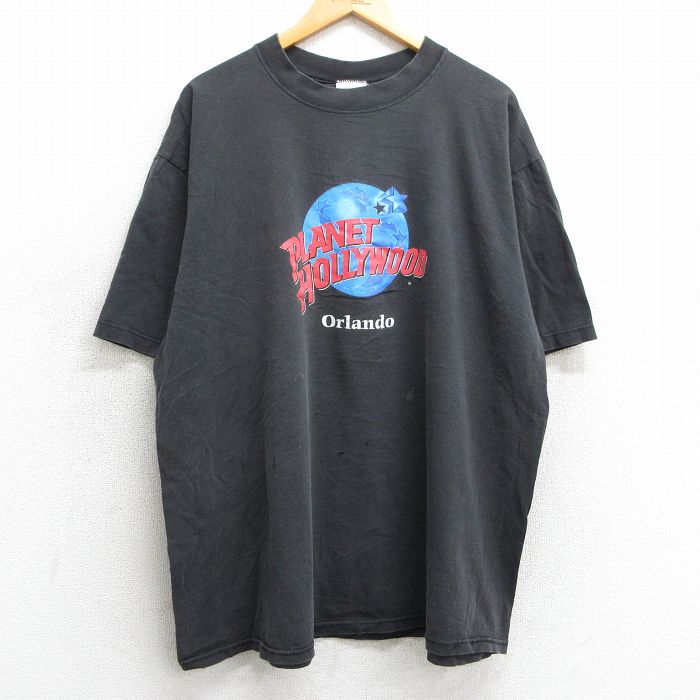 XL★古着 半袖 ビンテージ Tシャツ メンズ 90年代 90s プラネットハリウッド オーランド 大きいサイズ コットン クルーネック USA製 黒 ブラック 25mar31 中古