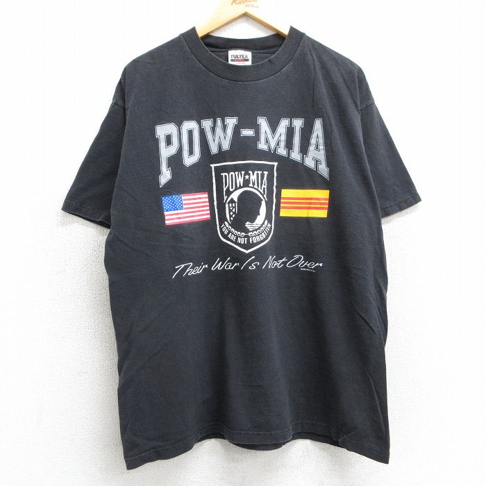 XL★古着 半袖 ビンテージ Tシャツ メンズ 90年代 90s ミリタリー POW MIA コットン クルーネック 黒 ブラック 25mar31 中古