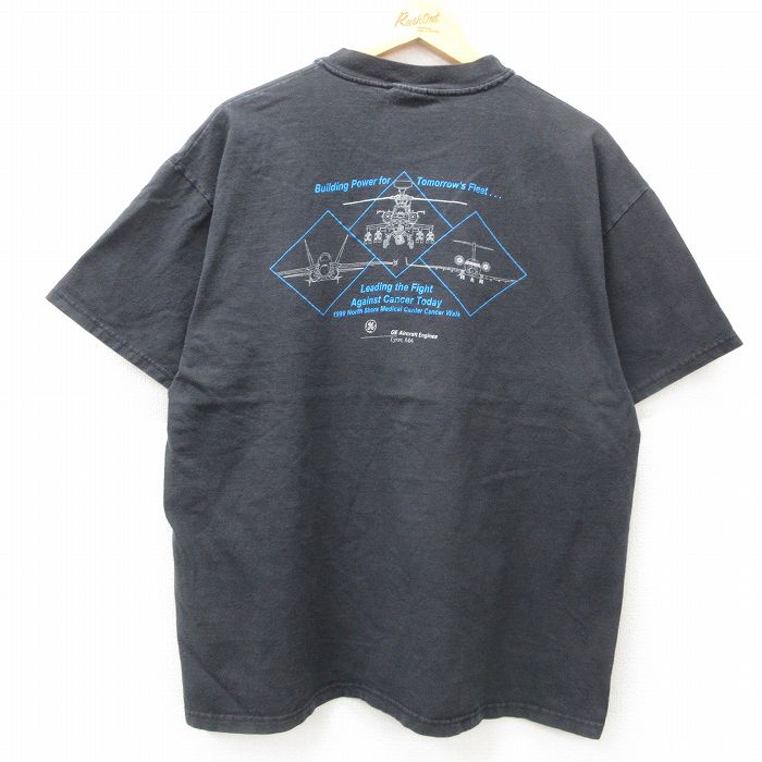 XL★古着 ヘインズ Hanes 半袖 ビンテージ Tシャツ メンズ 90年代 90s 戦闘機 コットン クルーネック 黒 ブラック 25apr01 中古